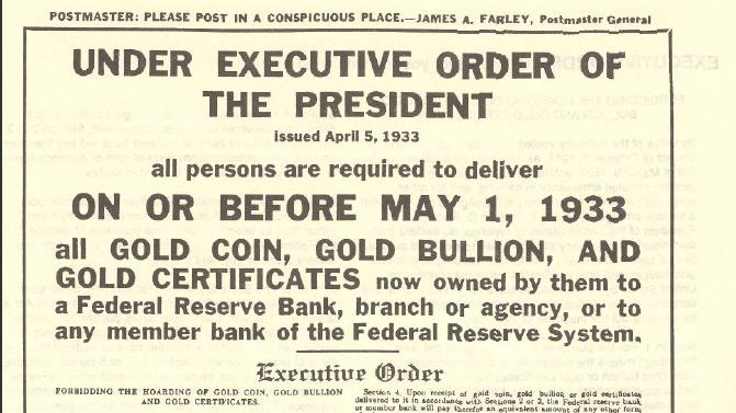 A 1933 printed notice telling Americans to turn in gold coin, gold bullion, and gold certificates by May 1.