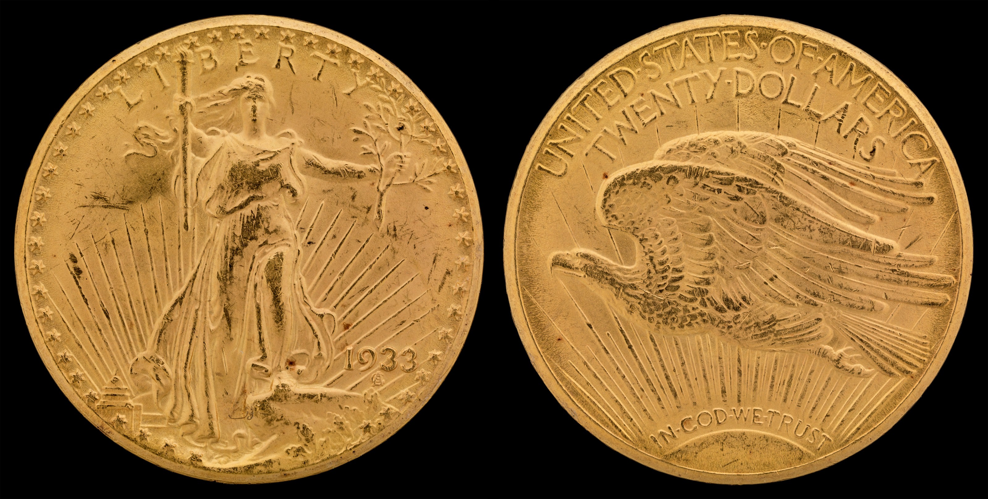 The Smithsonian's 1933 double eagle, front and back, the Saint-Gaudens design, on a blue ground.
