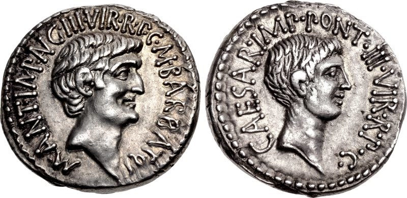 Card titled Rome's Denarius comparing a silver denarius of Augustus with a later, debased antoninianus.