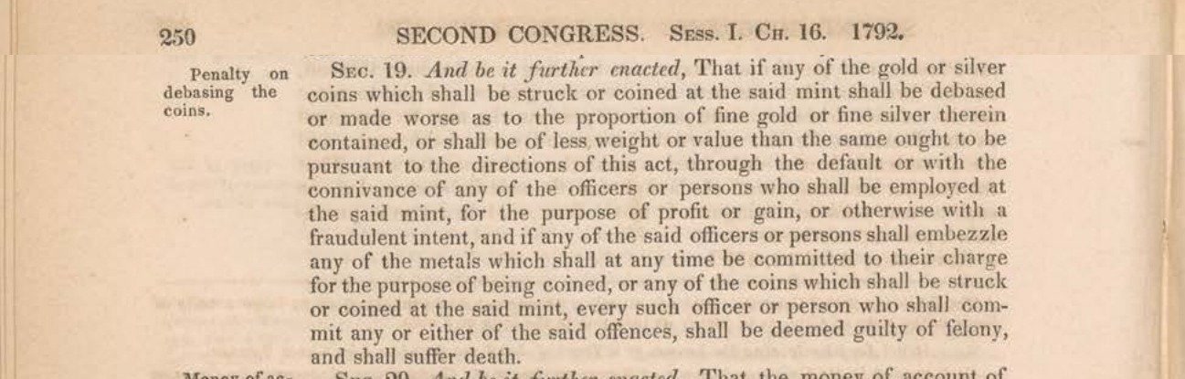 Printed excerpt of Section 19 of the Coinage Act of 1792 from the Statutes at Large, ending in the words shall suffer death.