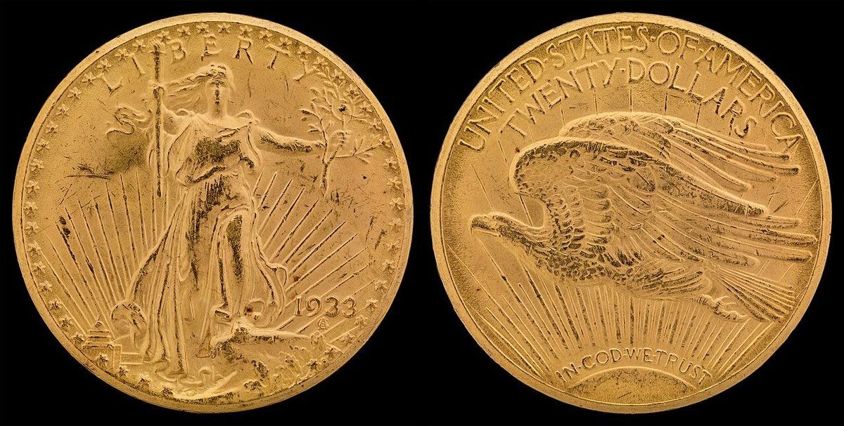 A 1933 Saint-Gaudens double eagle, the standing Liberty design, dated MCMXXXIII.