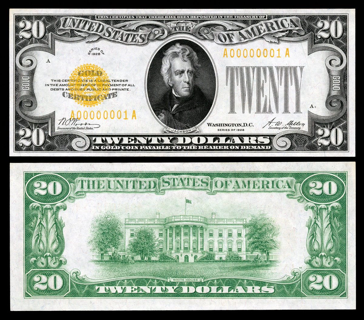 A Series of 1928 twenty-dollar gold certificate with an orange seal and a promise to pay the bearer in gold coin.