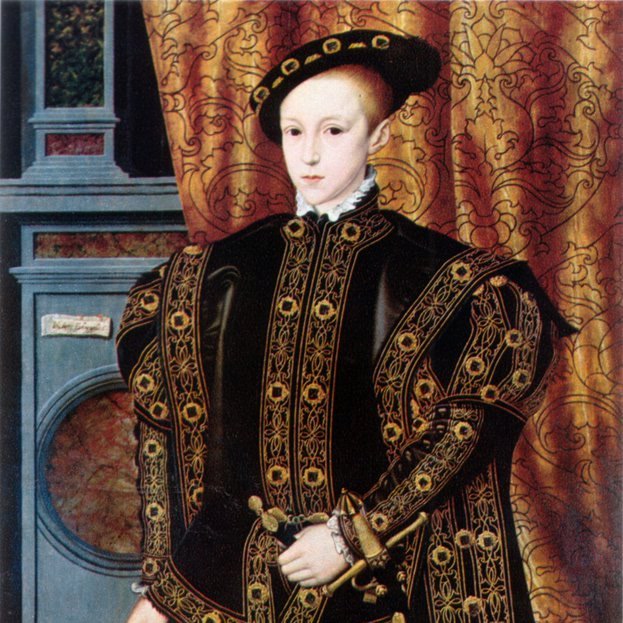 Portrait of Edward VI as a boy, in an embroidered crimson doublet, white collar, and black cap with a white feather, painted by William Scrots around 1550.