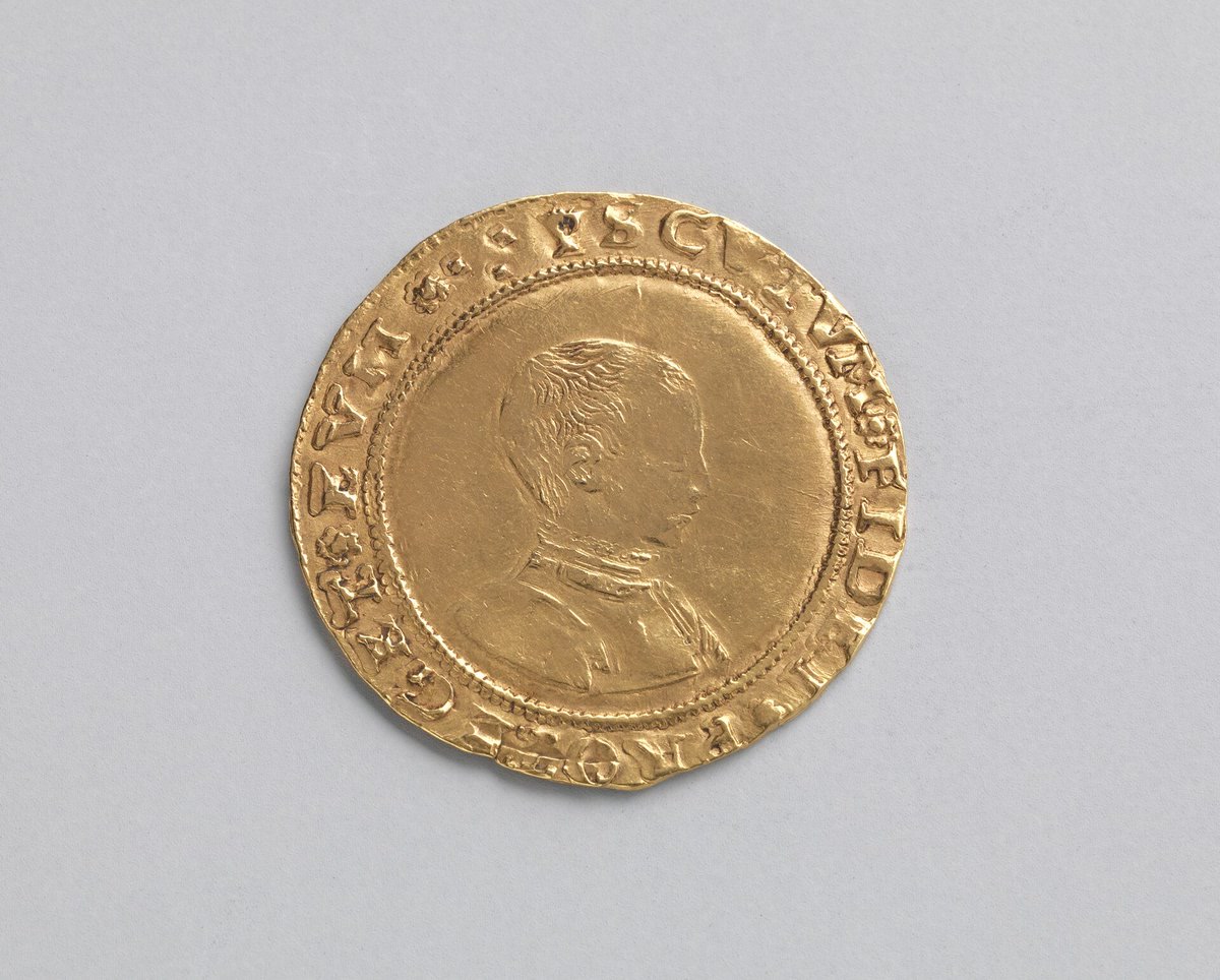 Gold half sovereign of Edward VI, the young king facing and crowned on one side, a crowned shield on the other.