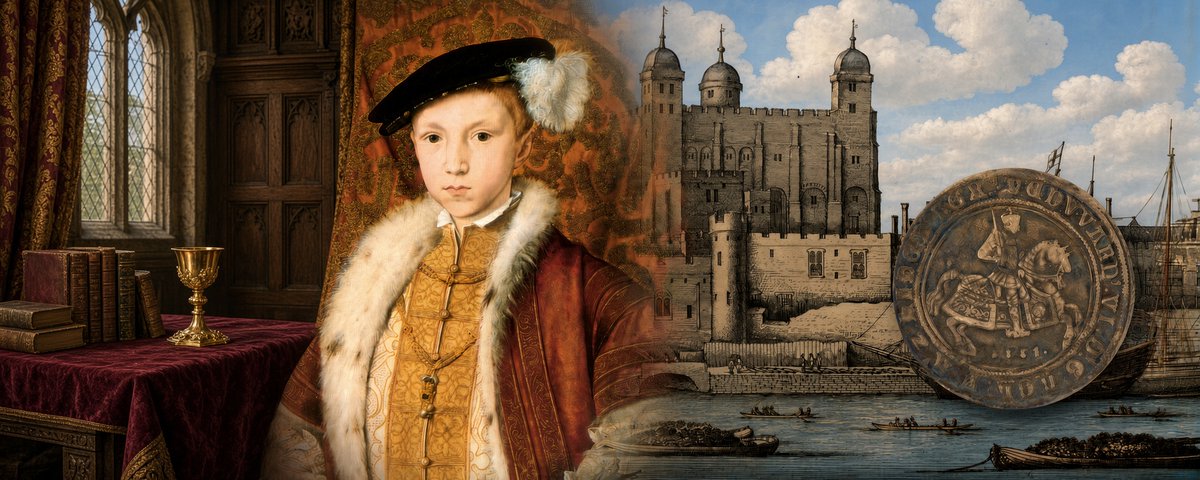 Title card reading How a Teenage King Put Real Silver Back in England's Money, with coins of Edward VI dated 1551 and a portrait of the boy king.