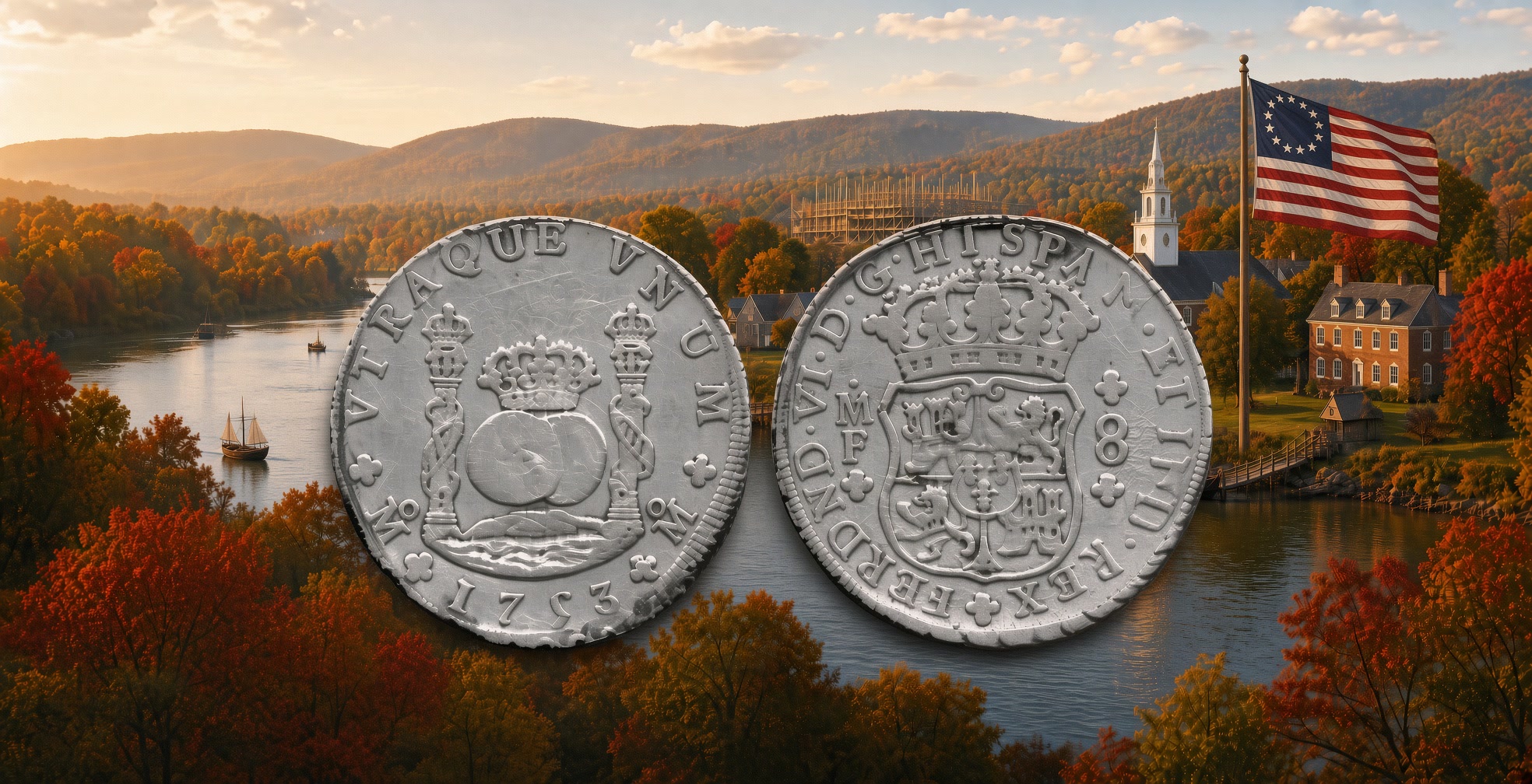August 8 card: in 1786 Congress adopts the dollar as the monetary unit, rooted in the Spanish silver piece of eight.