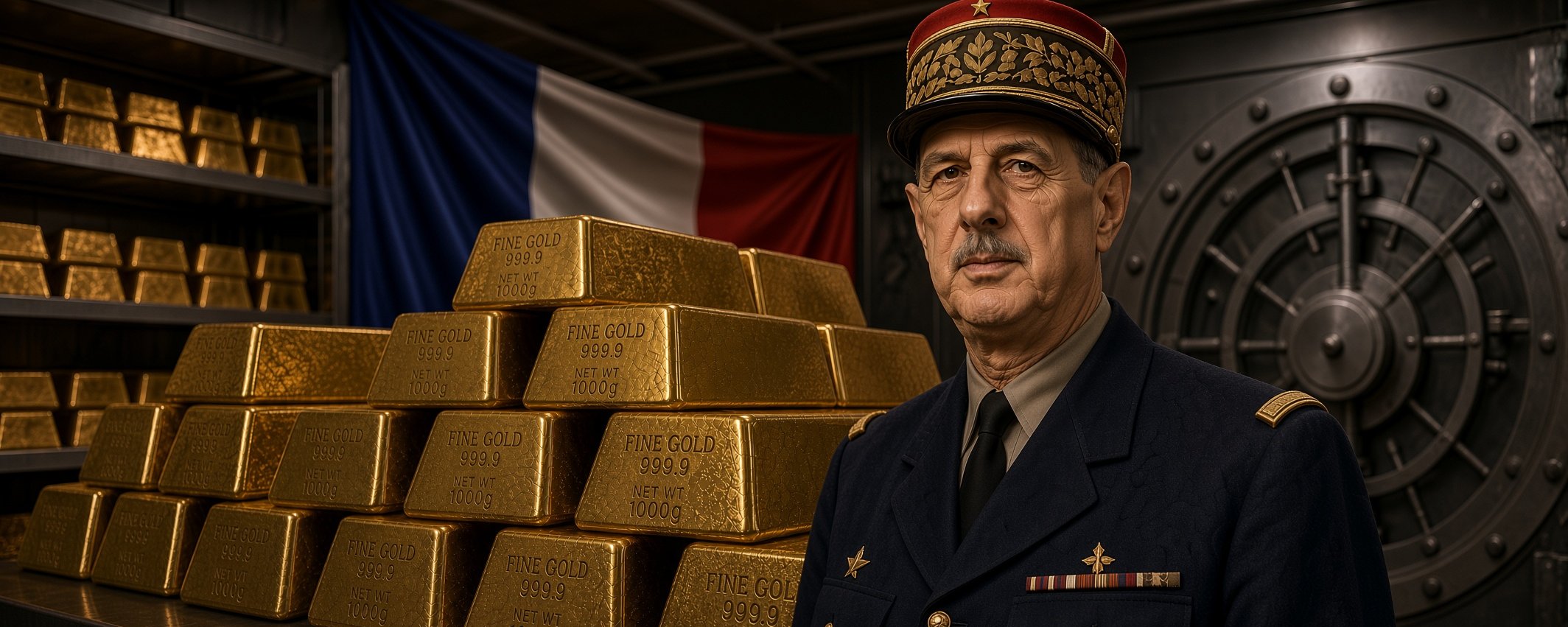 Title card reading When France Traded Its Dollars for Gold, with Charles de Gaulle at a podium and stacked gold bars.