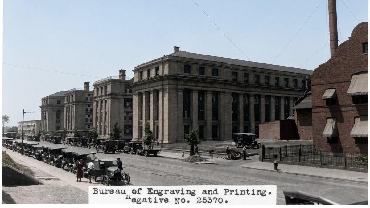Colorized photograph of the historic Bureau of Engraving and Printing, a red-brick building with arched windows and a central tower.