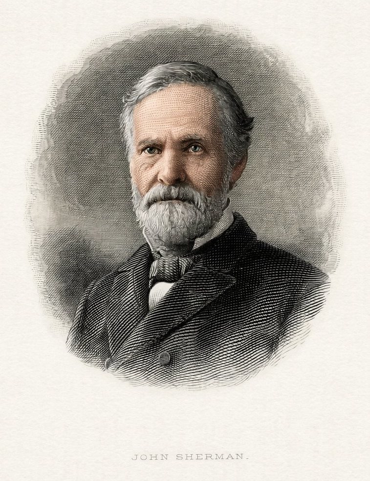 Colorized engraved portrait of John Sherman, a bearded man in a dark suit and tie, from a Bureau of Engraving and Printing plate.