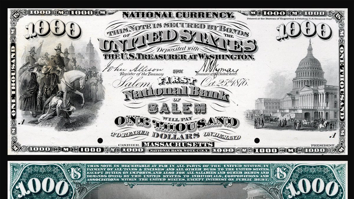 Series 1875 one-thousand-dollar National Bank Note of Salem, a large engraved note with an allegorical figure at the center and a red seal.