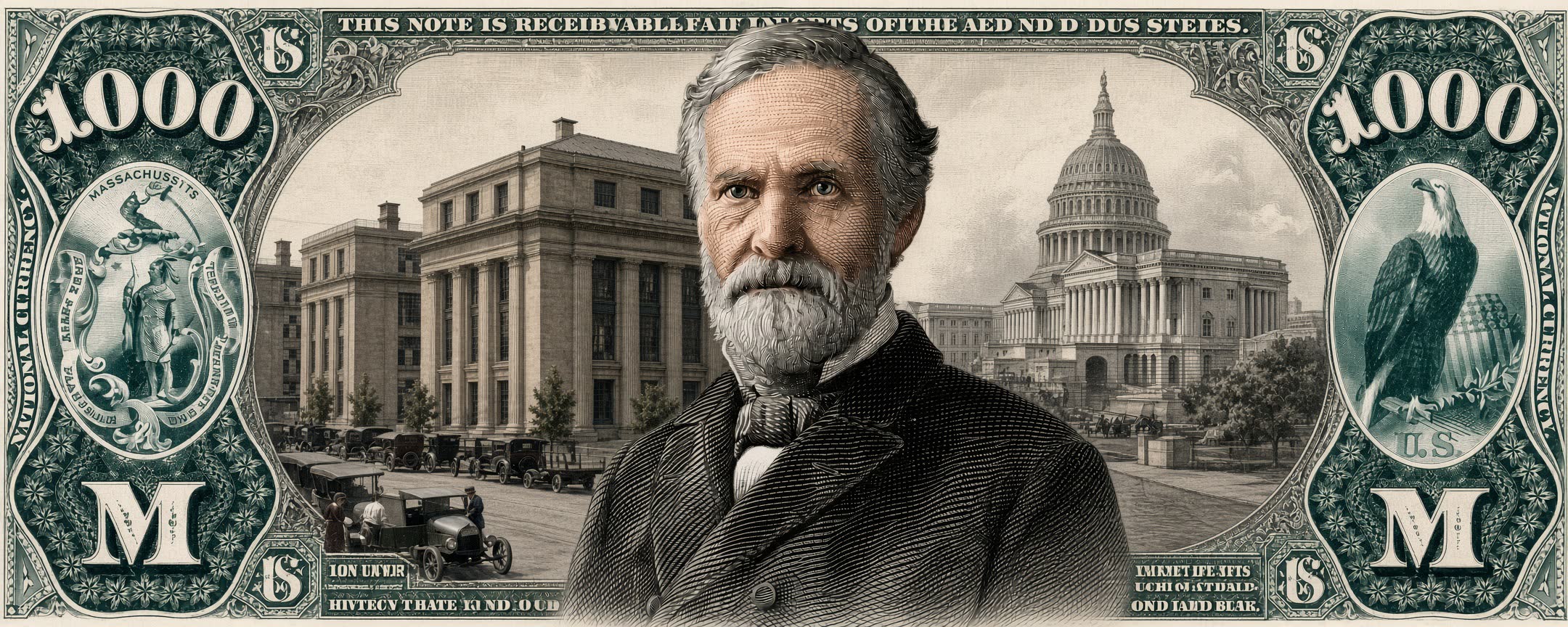 Title card for 1 October 1877, when the Bureau of Engraving and Printing took over printing United States Notes and National Bank Notes, over an engraved note.