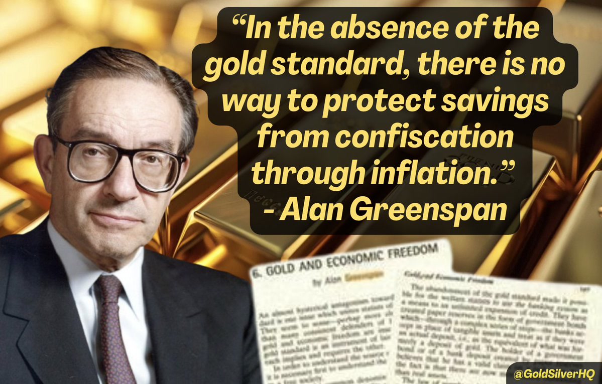 Quote card on a dark ground with a gold dollar-sign seal, printing Alan Greenspan’s 1966 lines on the gold standard, savings, confiscation through inflation, and deficit spending.