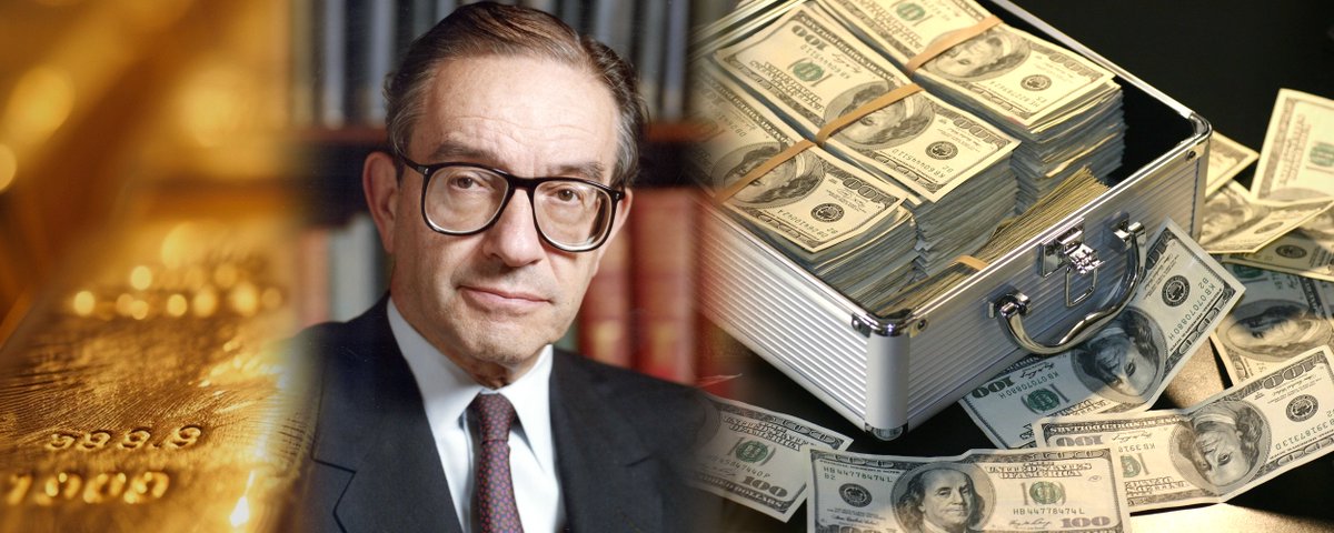 Title card with a portrait of Alan Greenspan beside the words “We can always print money,” dated from a 1966 gold essay to Meet the Press in 2011.