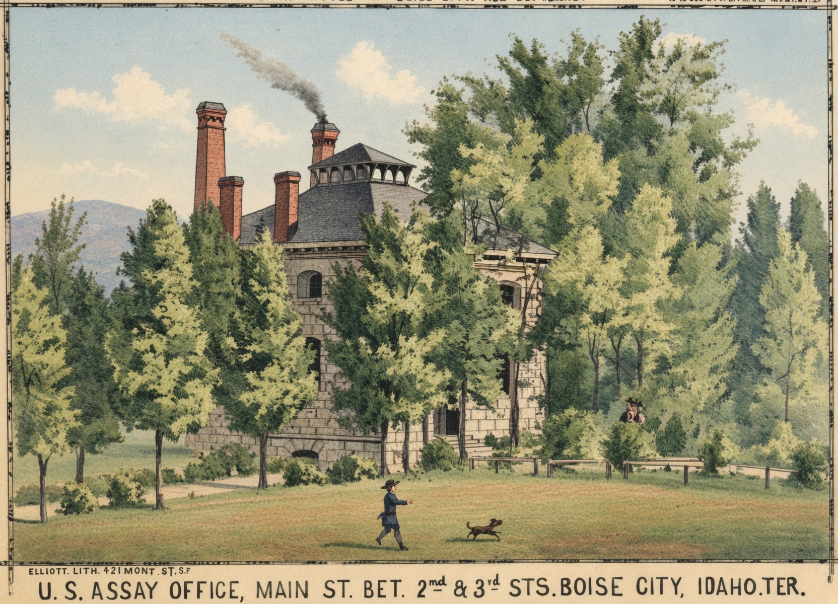 Colorized 1884 lithograph of the United States Assay Office, a two-story building with a flag, on a Boise street with horses and wagons.