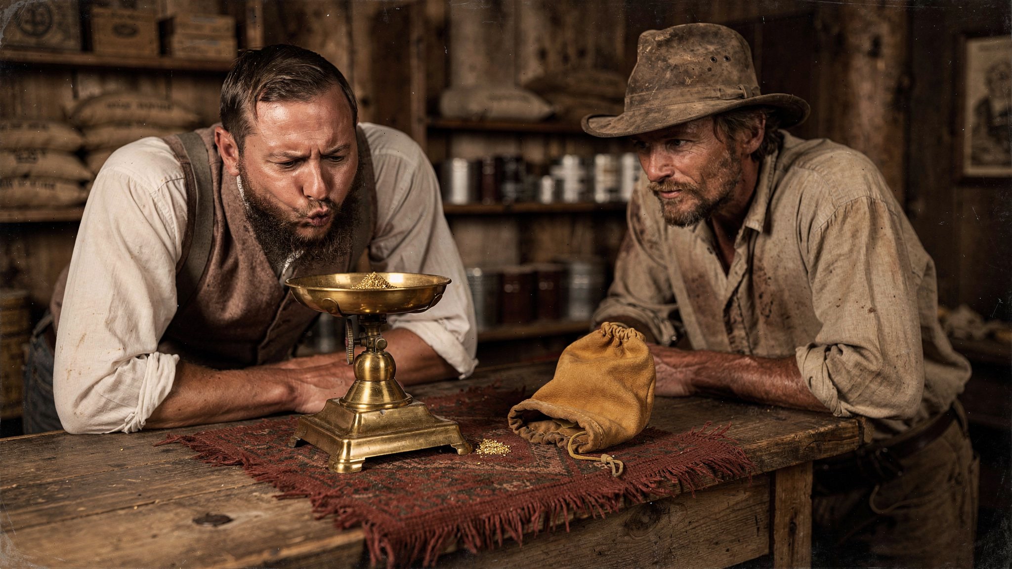 Illustration of a gloved hand pouring gold dust onto a brass balance scale on a wooden store counter.
