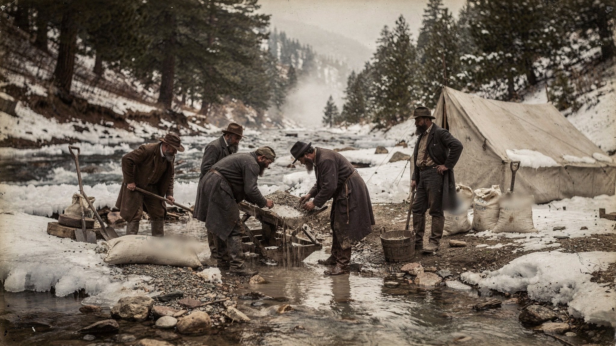 Illustration of miners in winter coats working wooden rockers beside a half-frozen creek in a snowy mountain basin.