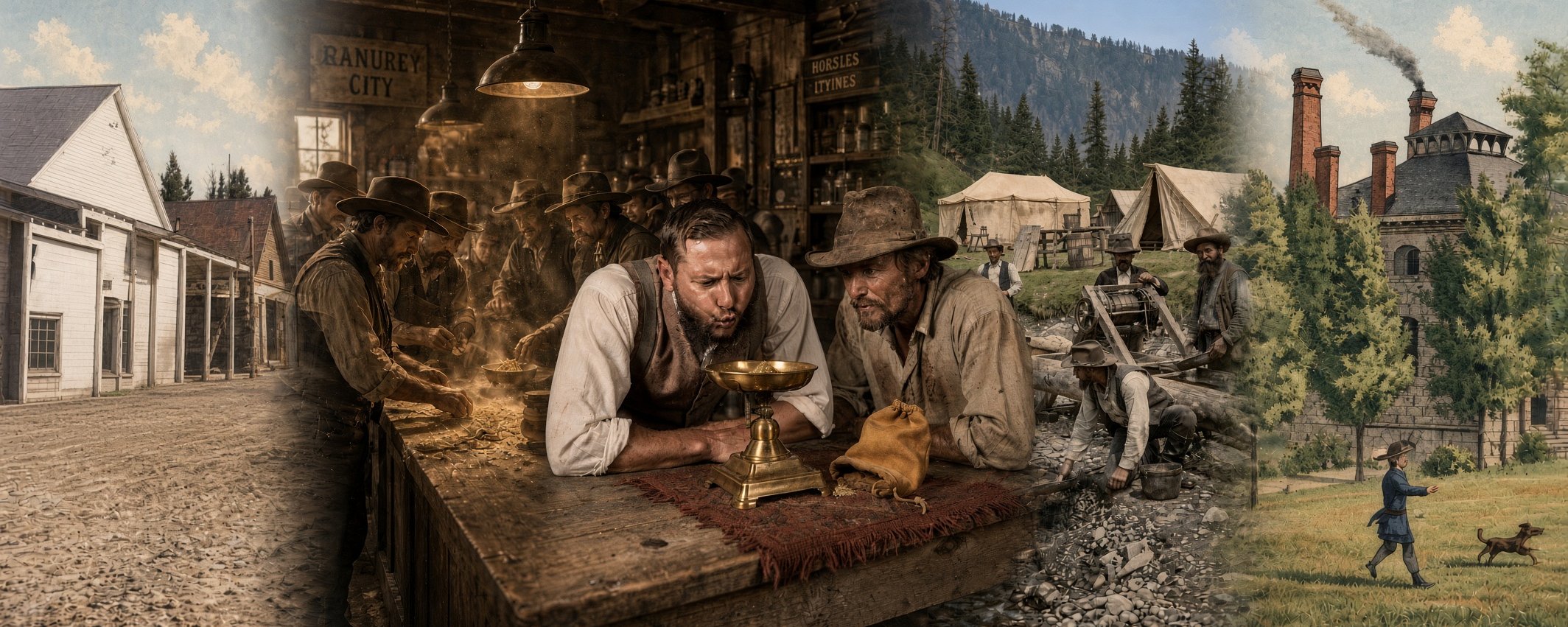 Title card reading The Idaho Boomtown That Ran on Gold Dust, with a prospector panning in a creek and a wooden gold-rush town behind him.