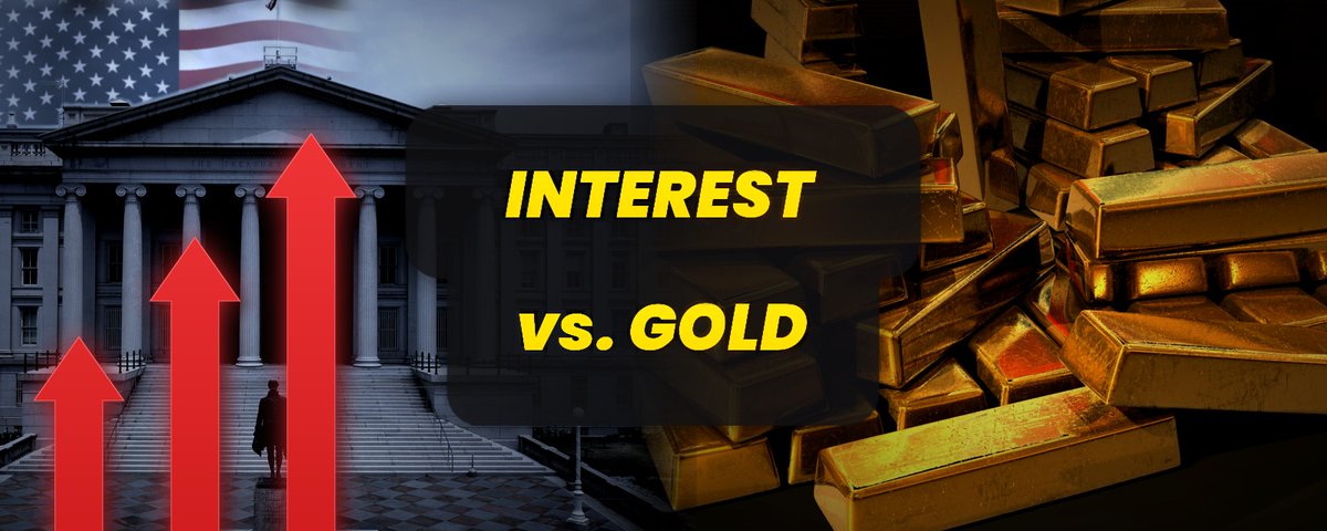 Gold bars beside rising yield charts — title image for the interest-costs versus U.S. gold note.