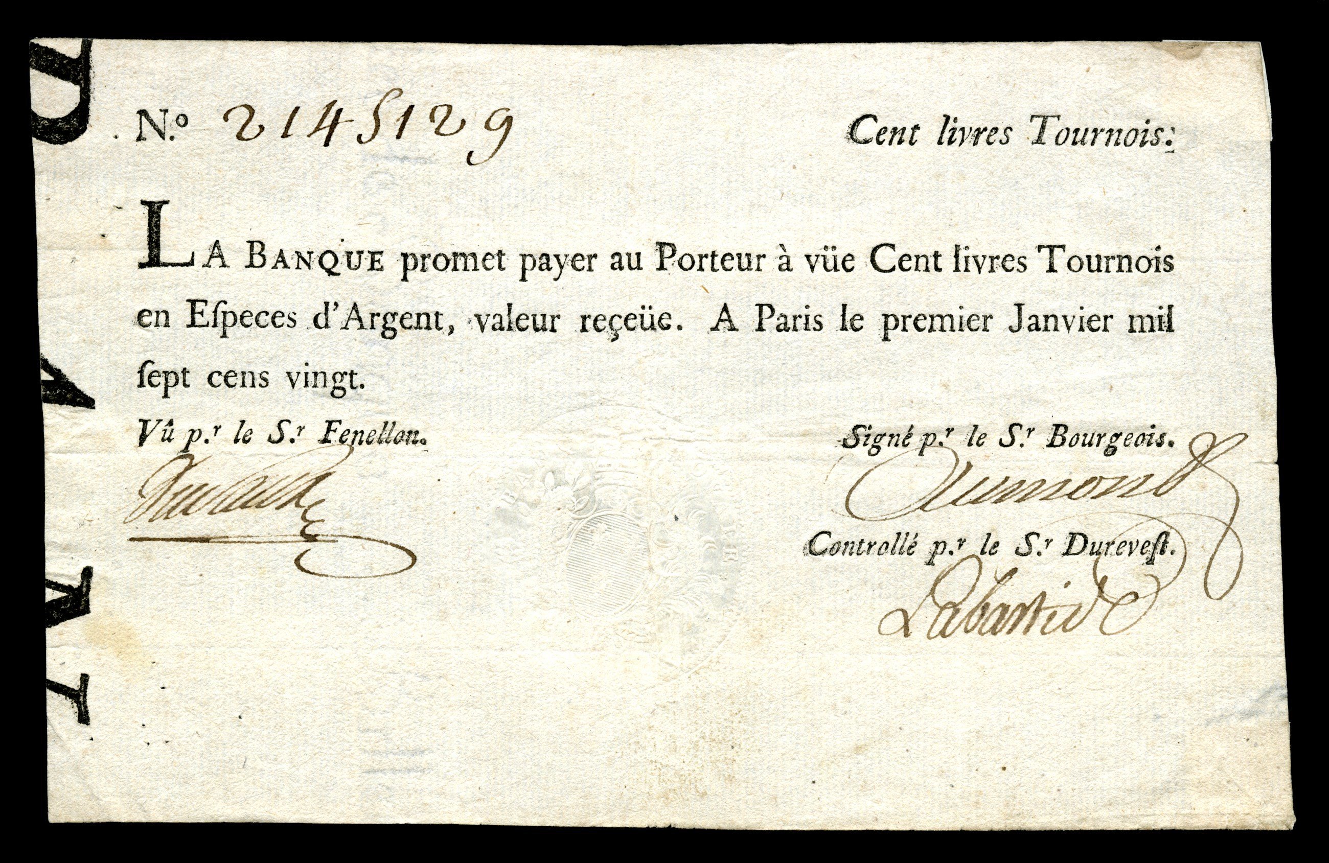 A Banque Royale note for 100 livres dated 1 January 1720, with a crowned coat of arms and a promise of payment in silver coin.