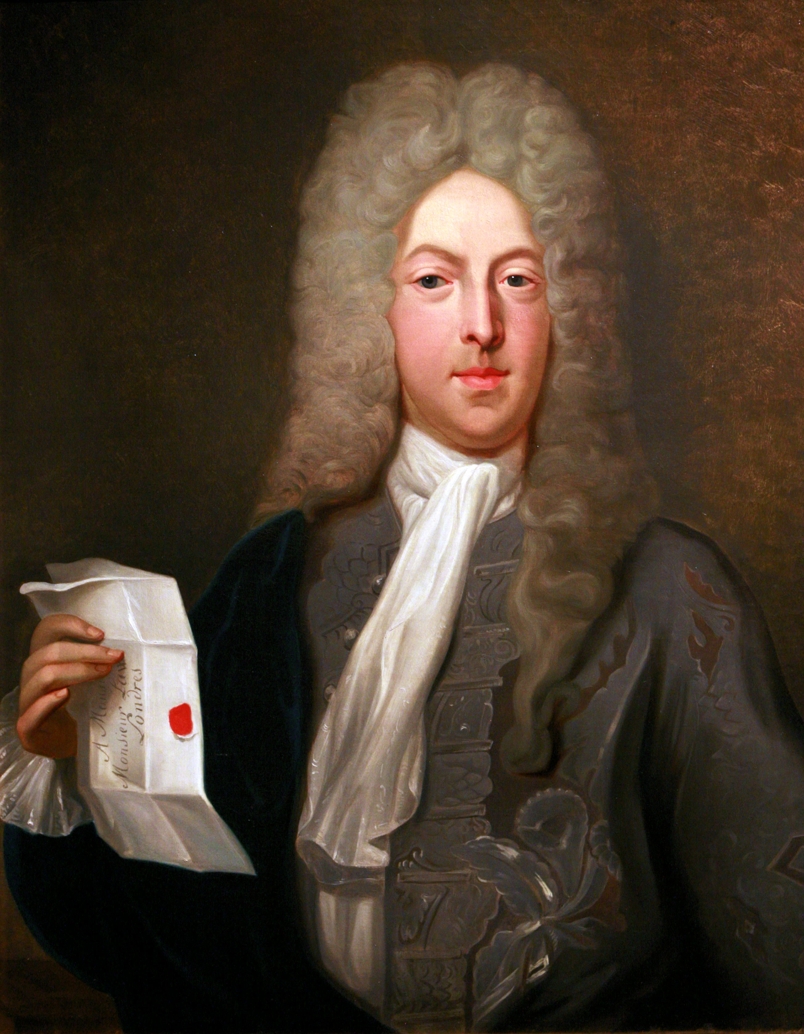 Colorized portrait of John Law in a long curled wig, a dark coat, and a white cravat.