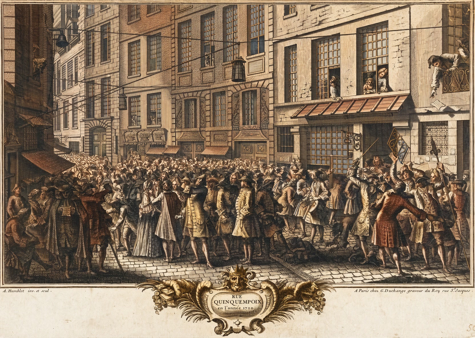 Colorized engraving of a crowded Paris street in 1720, people packed between tall buildings to trade shares in the open.