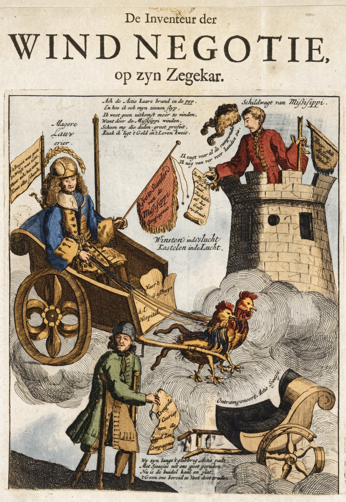Colorized Dutch satire of 1720 showing a bewigged man riding a fantastical car through a crowd, titled The Inventor of the Wind Trade on His Triumphal Car.
