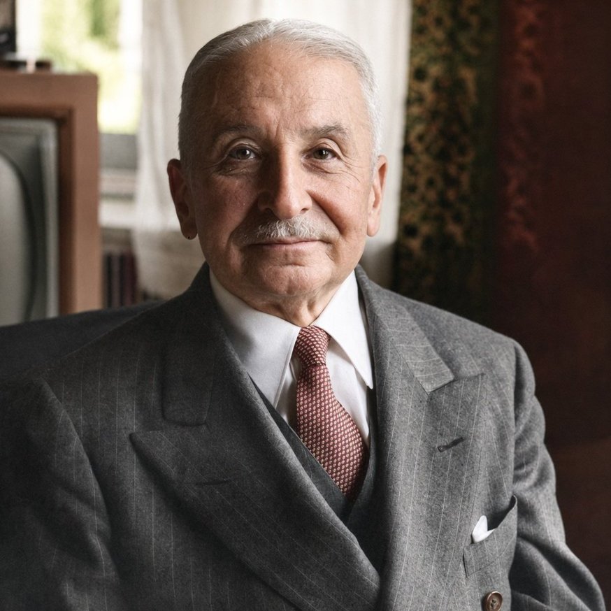 Portrait of Ludwig von Mises in a dark suit, white shirt, and patterned tie.