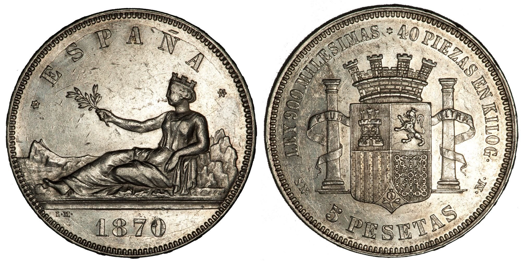 Both sides of a silver five-peseta coin of 1870: seated Hispania, and the crowned arms of Spain.