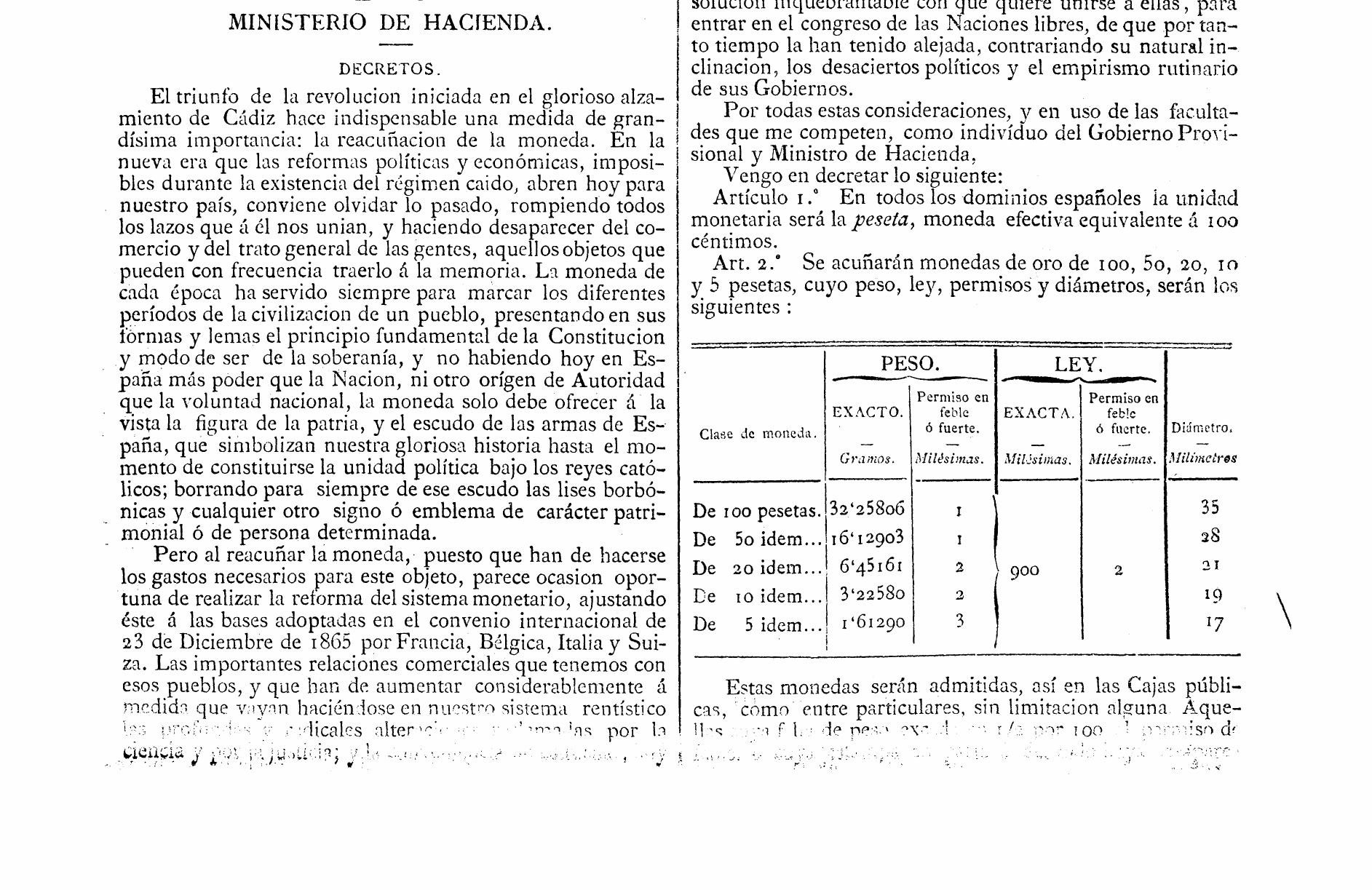 Printed page of the Gaceta de Madrid for 20 October 1868, showing the decree that makes the peseta the monetary unit.