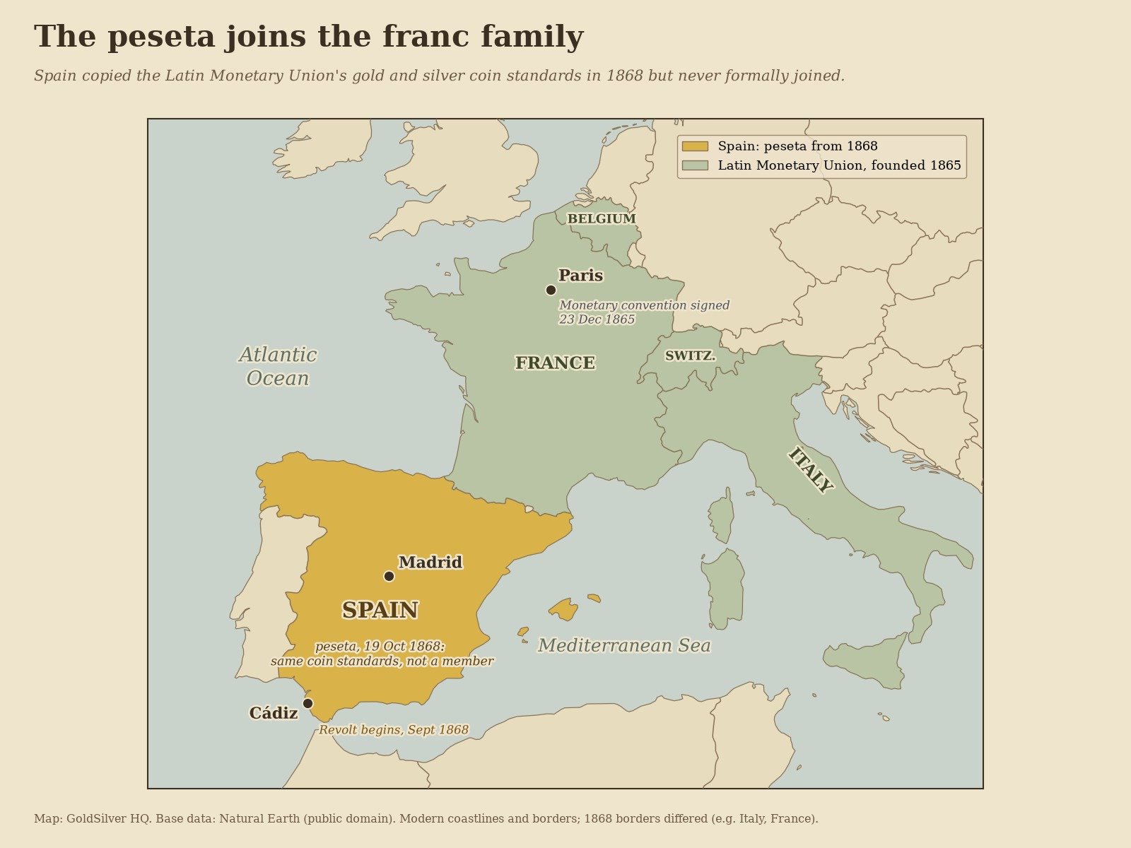 Map of Spain, France, Belgium, Italy, and Switzerland, with Cádiz and Paris marked.