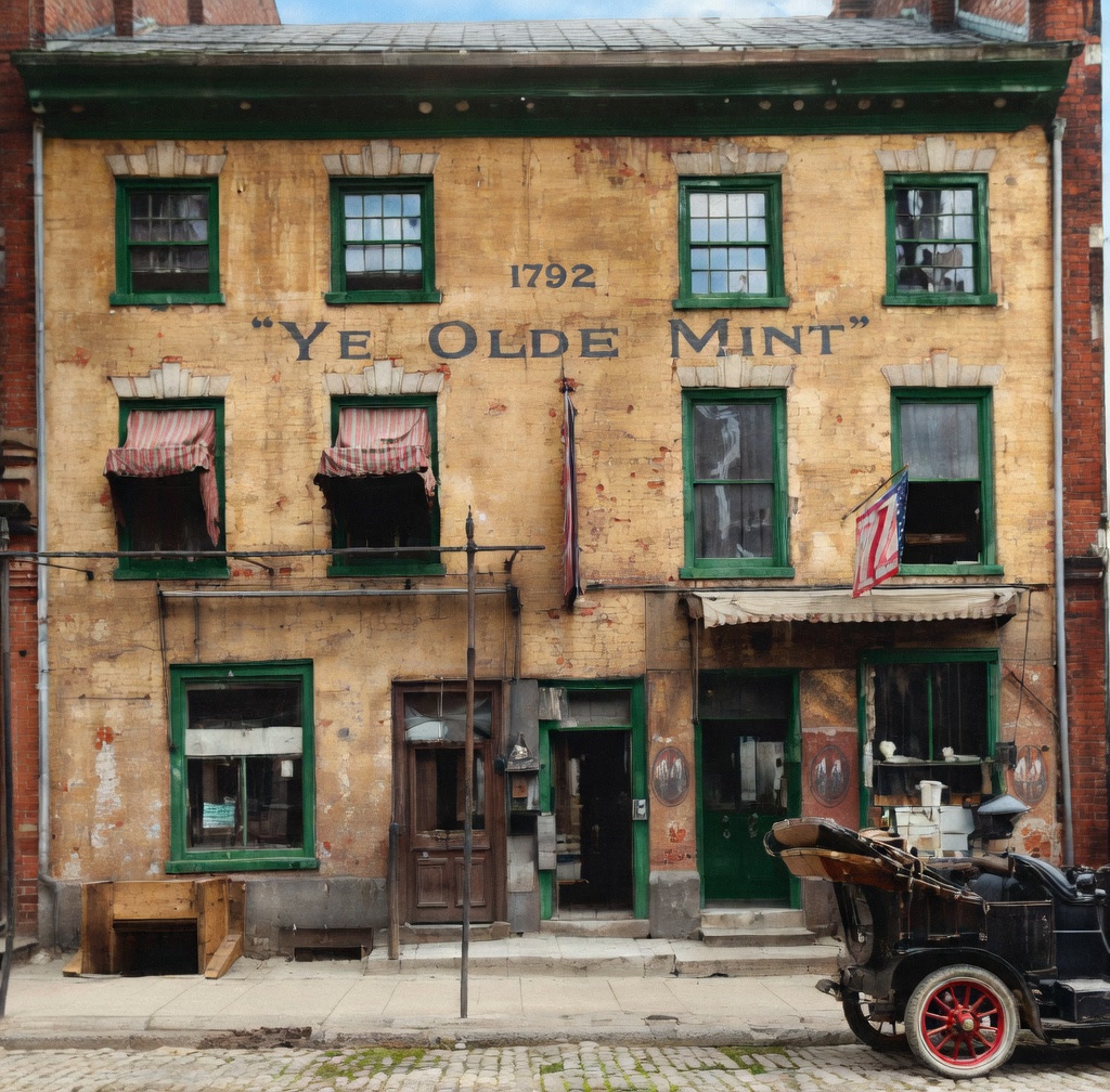 Colorized photograph of the first U.S. Mint in Philadelphia, a three-story brick building with a chimney, on a street corner.