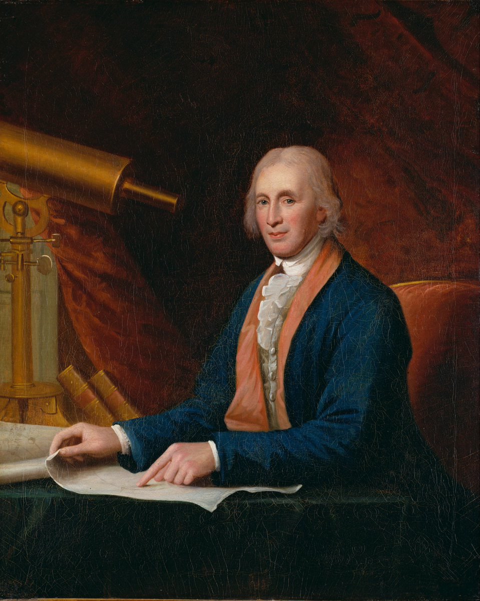 Painted portrait of David Rittenhouse, white-haired, seated at a table with papers, a telescope beside him.