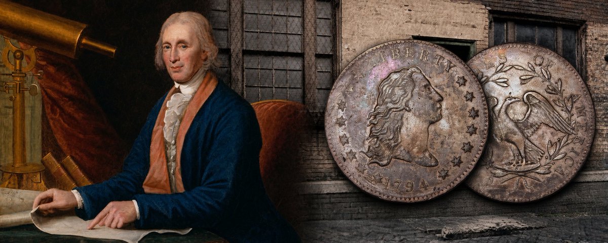Title card reading How America Started Minting Its Own Coins, with the first Philadelphia Mint and a 1794 Flowing Hair dollar.