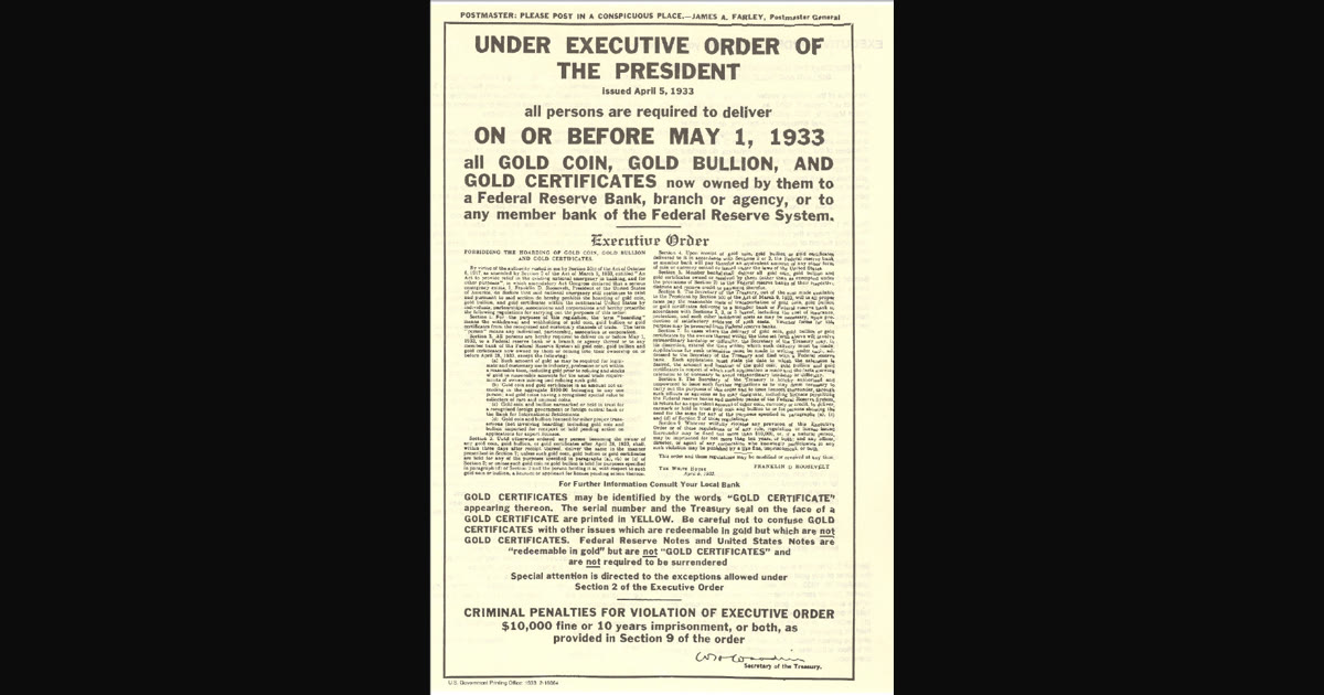 First page of Executive Order 6102 ordering the recall of gold coin and bullion in 1933.