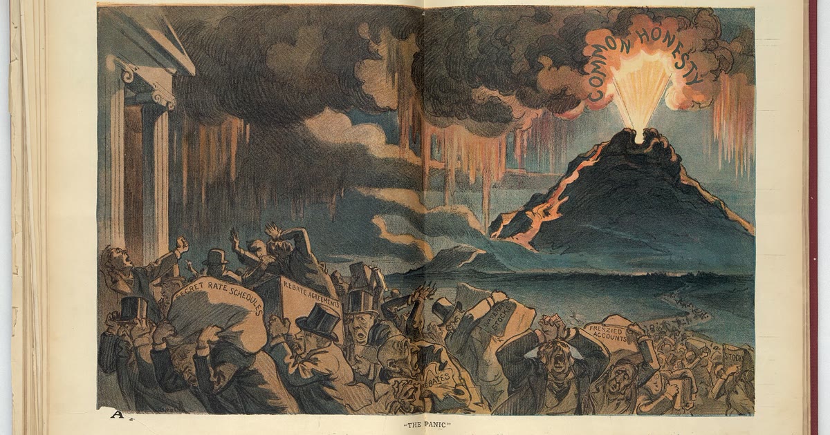 1907 Puck magazine cartoon titled “The panic,” showing Wall Street turmoil around the banking crisis.