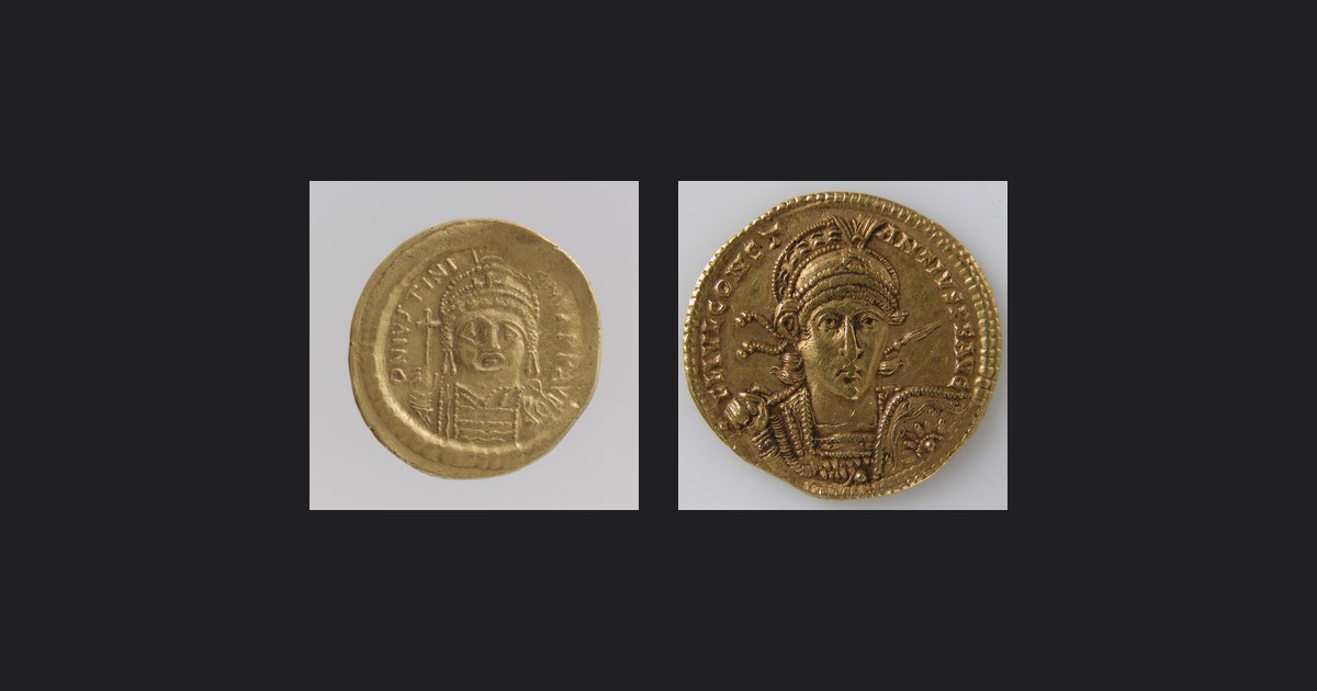 Two late-antique gold solidi side by side: Justinian I and Constantius II.
