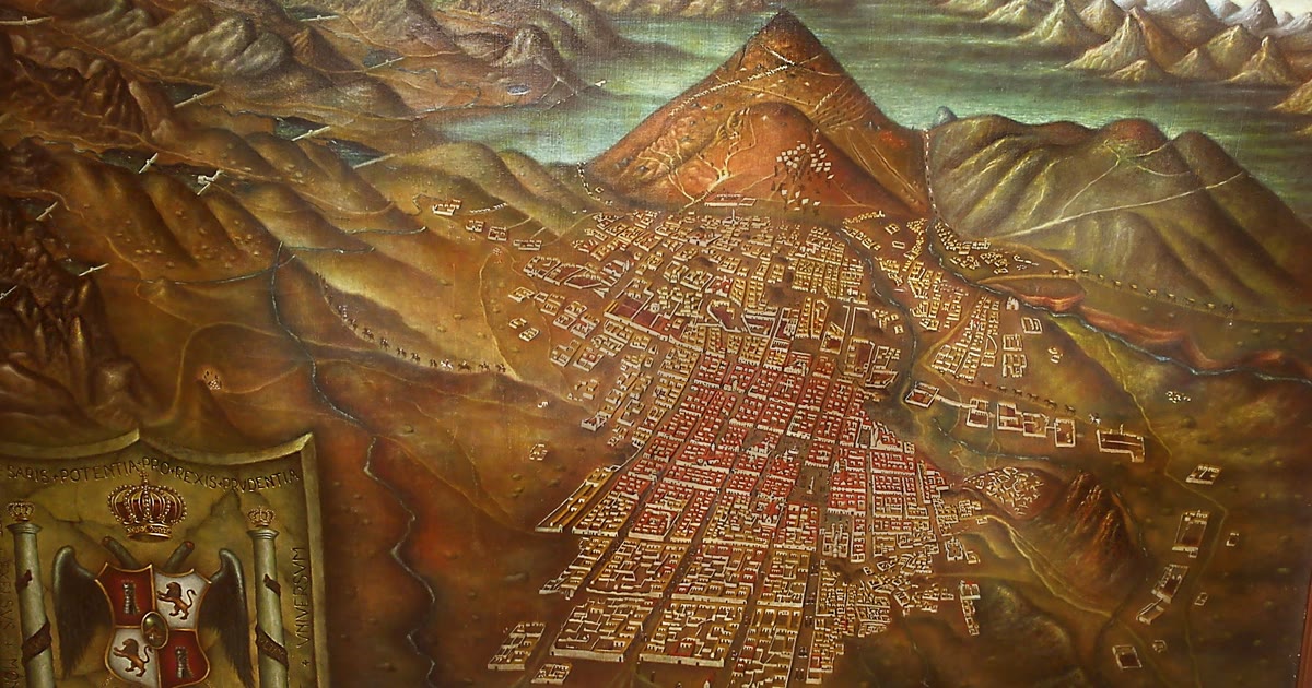 1758 panorama of the Imperial Villa of Potosí with Cerro Rico rising behind the colonial city.