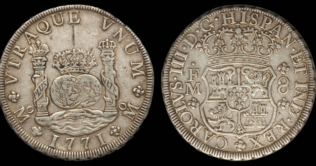 1771 Mexican pillar dollar of eight reales, obverse and reverse.
