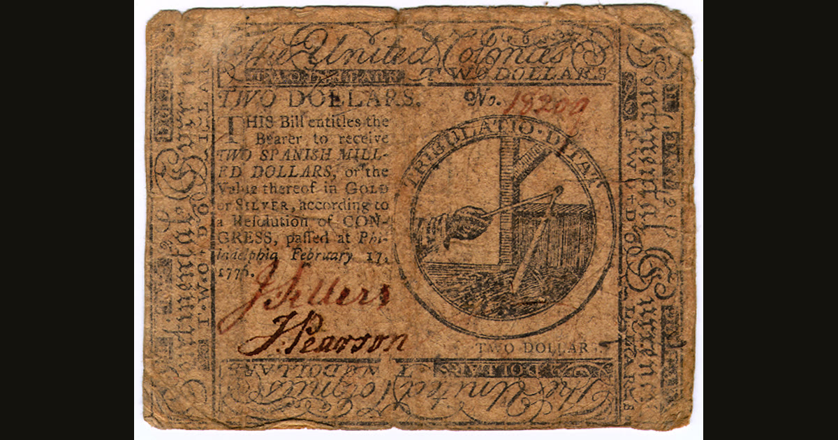Obverse of a two-dollar Continental currency note dated February 17, 1776.