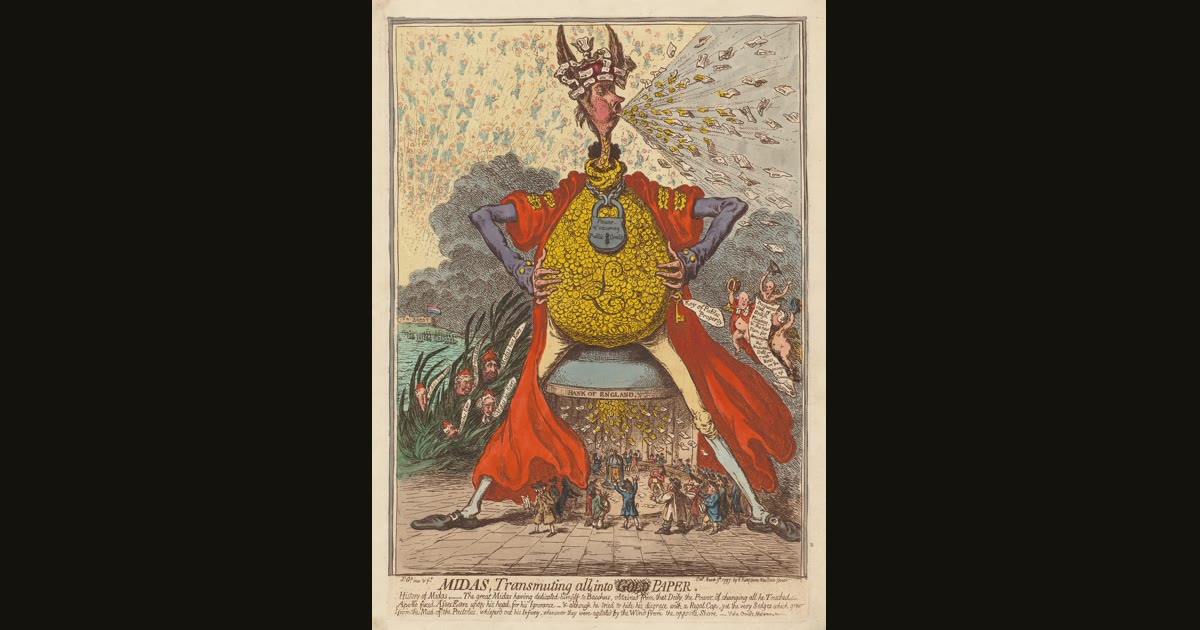 Print of 1797 showing the Bank turning metal into paper.