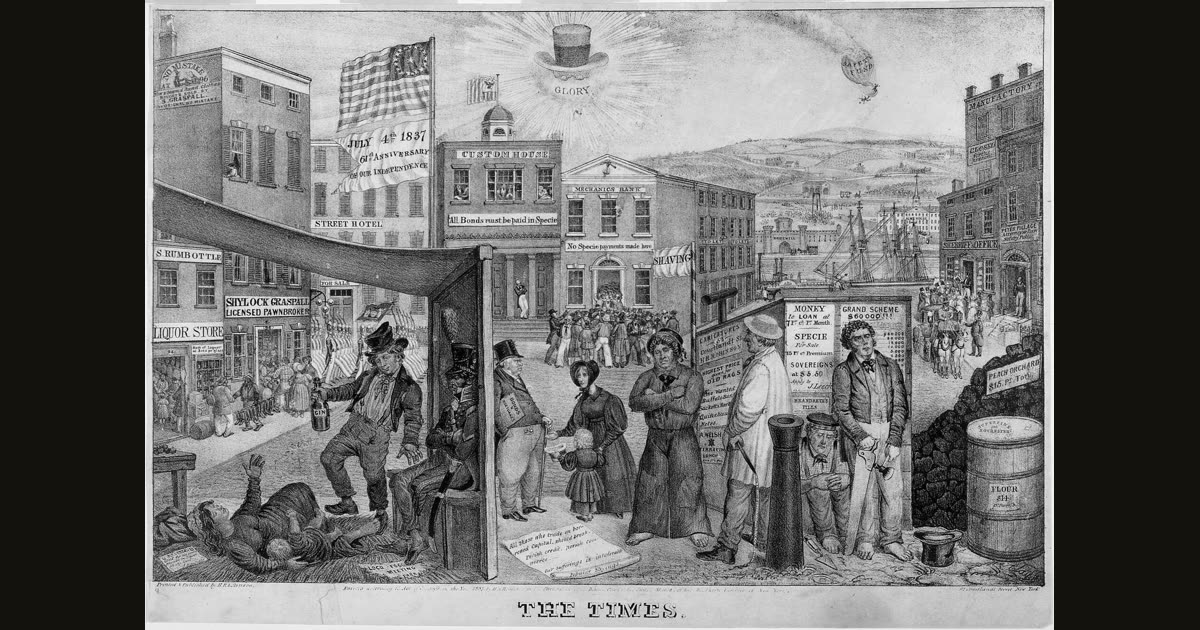 1837 print titled The Times, showing a bank that has stopped specie payments.