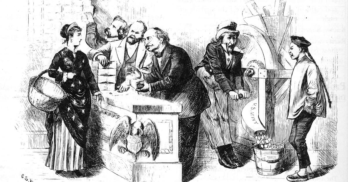 Nineteenth-century cartoon about the trade dollar and the silver question after 1873.